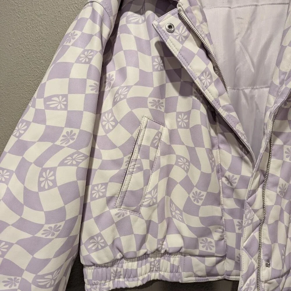 NWT- ASOS * Printed Faux Leather Bomber Jacket in Lilac * Size 12 - Picture 6 of 13